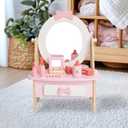 Wooden Vanity Set for Kids, Pretend Play Toddler Makeup Vanity Table Toys with 360 Rotatable Mirror, Beauty Salon Set Includes Makeup Accessories, Little Girls Gift Age 3+ (White)