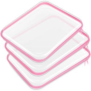 Hoolerry 3 Pcs Clear Hard Zipper Case Hard Plastic Zipper Pouch Makeup Bag Portable Travel Organizer for Cosmetics, Office Supplies, Documents & Toiletries (Pink, L)
