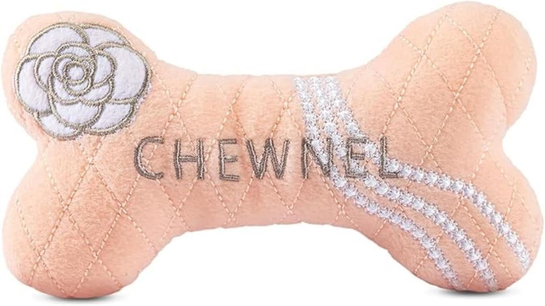 Dog Diggin Designs Chewnel Blush Plush Dog Toy Bone | Luxury-Inspired Parody Designer Bone with Squeaker, Soft Plush Chew & Play Dog Toy  Prt--Porter Play!