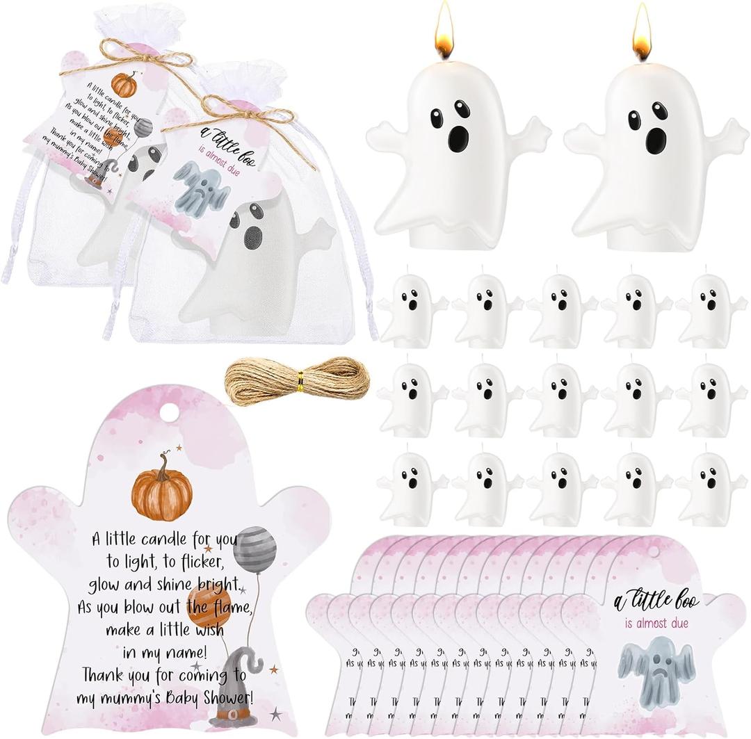 MTLEE 50 Sets Halloween a Little Boo is Almost Du Baby Shower Favors Cute Ghost Candles Unscented with Mini Ghost Thank You Cards Bags for Halloween Boo Gender Reveal Party Supplies (Pink)
