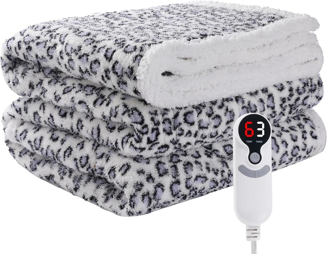 Electric Heated Blanket Full Size 72"×84" with 9 Heating Levels & 1-10Hs Auto Off, Plush Sherpa, Energy Efficient, Machine Washable, for Couch & Bed, Gifts for Family- Leopard Print Blue & White