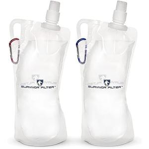 Survivor Filter Collapsible Water Bottles, Canteens (32oz) 2 Pack (2L Total) - Durable Carabiners and Handles. Squeeze Water Through a Filter or Use as Water Bottles