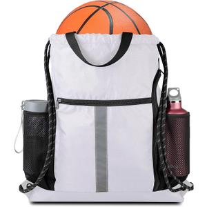 BeeGreen White_Drawstring_Backpack_Bag_Sports_Gym_Backpack with Shoe Compartment and Two Water Bottle Holder for Men Women Large String Athletic Sackpack Workbag White