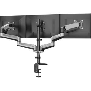 HUANUO Gaming Triple Monitor Stand, Full Motion Articulating Triple Monitor Mount Fit 17 to 32 inch Flat/Curved LCD Computer Screens with Clamp, Grommet Kit, Silver