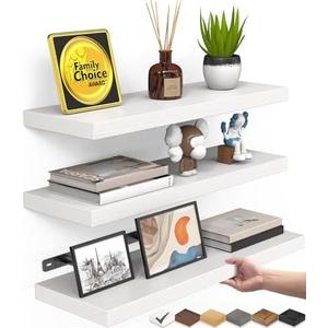 BAYKA White Floating Shelves for Wall, Set of 3, Rustic Wood Wall Shelves with Metal Brackets for Bathroom, Bedroom, Kitchen, or Living Room Decor Organization, Sturdy Storage with lb Capacity