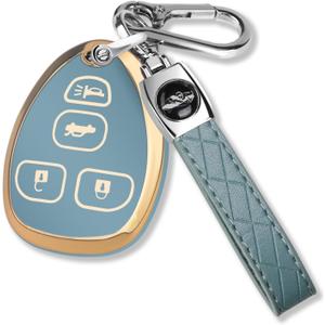 QBUC for Chevy Key Fob Cover with Keychain Soft TPU Gold Trim Protection Case Compatible with 2007 - 2015 Chevy Avalanche Captiva Express Silverado Suburban Acadia Savana Sierra 4-Buttons(Blue)