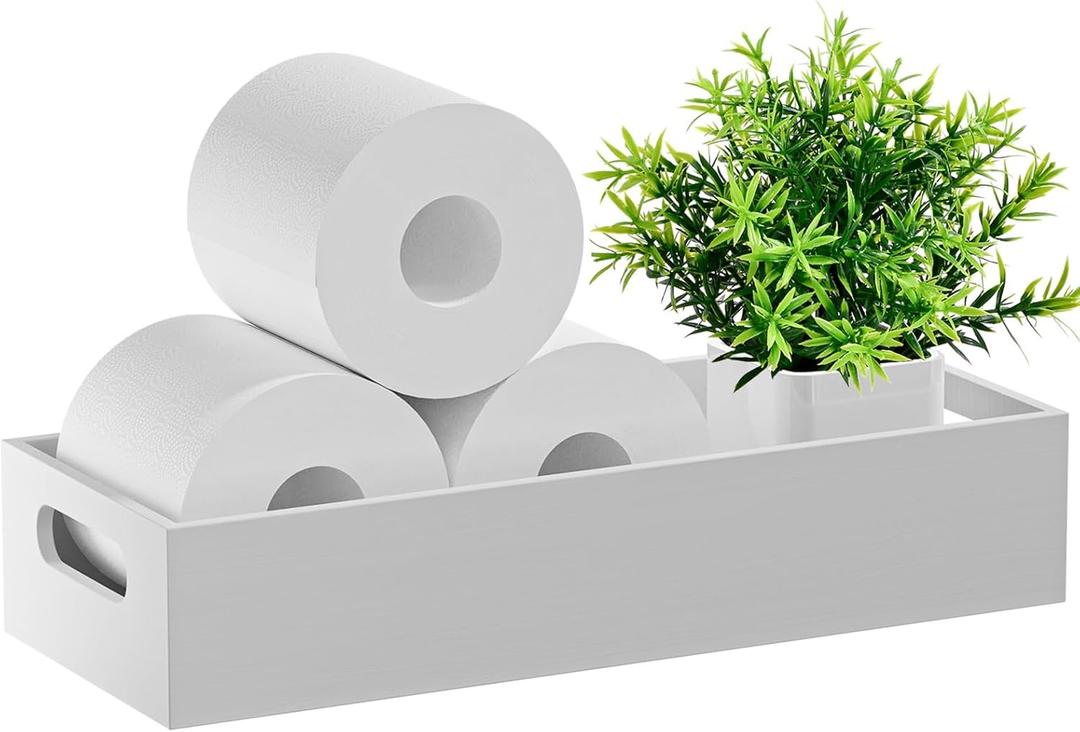 VITVITI Bamboo Toilet Paper Holder Storage, Bamboo Tray for Bathroom with Handle, Toilet Paper Tray Basket Tissue Holder Organizer Container for Back Toilet Tank, White