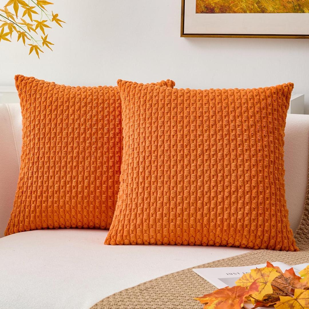 Kevin Textile Pack of 2 Corduroy Decorative Throw Pillow Covers 24x24 Inch Soft Boho Striped Pillow Covers Modern Farmhouse Home Decor for Spring Sofa Living Room Couch Bed Orange