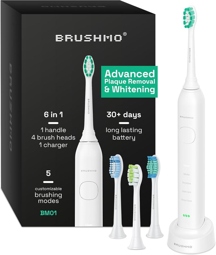 Brushmo Super Sonic Electric Toothbrush with 4 Replacement Heads - Rechargeable Electronic Tooth Brush for Adults with 5 Customizable Modes - IPX7 Waterproof & Long-Lasting Battery - White (4 Count (Pack of 1))