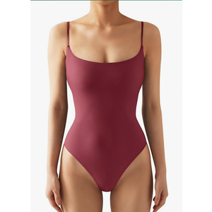 SUUKSESS Women Sexy Square Neck Thong Bodysuit Backless Cami Bodysuit Top, Small, Maroon 