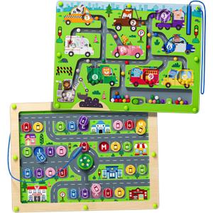 Magnetic Maze 2 in 1 Double Side Color and Number Maze Alphabet Puzzle Board for 3-5 Boys and Girls Kids Montessori Educational Toys (Car, One Size)