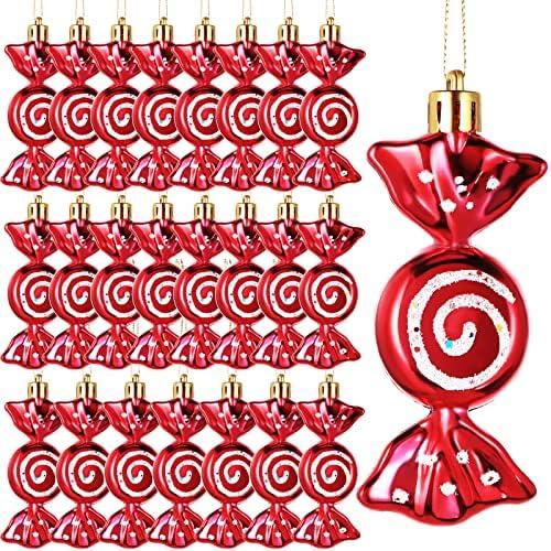 Civaner 24 Pcs Christmas Candy Ornaments Candy Cane Christmas Tree Glitter Hanging Ornaments Plastic Peppermint Swirl Decorations for Tree Home Favor Party Supplies(Red)
