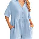 Alealiy Kikibell Women Summer Shorts Romper Button Down Wide Leg Cotton Shortalls Jumpsuit Rompers with Pockets (Blue, XL)