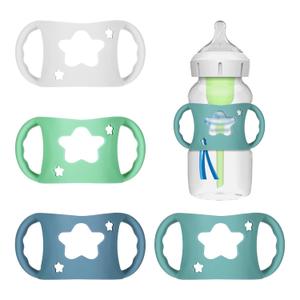 4 Pack Baby Bottle Holder for Dr Brown Wide-Neck Bottle with Easy Grip Handles Soft Silicone Star-Shaped Bottle Holder for Baby Self Feeding - BPA-Free (White Pink Purple Green)