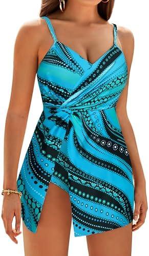 GRACE KARIN Women's One Piece Swim Dress V Neck Tummy Control Swimsuit Vacation Beachwear Bathing Suit, XL