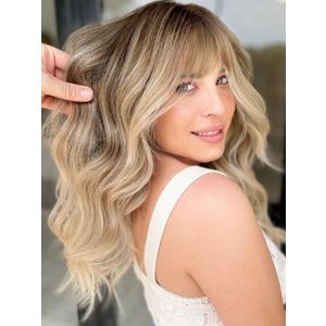 Ombre Blonde Wigs with Bangs Blonde Wigs for Women Long Wavy Curly Ombre Wig with Dark Root Synthetic Wig for Women Daily Party Use (20inch)