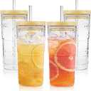4 Pack 20oz Hobnail Drinking Glasses with Bamboo Lids and Glass Straw,High Borosilicate Glass Tumbler Cup Reusable Wide Mouth Smoothie Cups,Beer, Iced Coffee Glasses, Soda