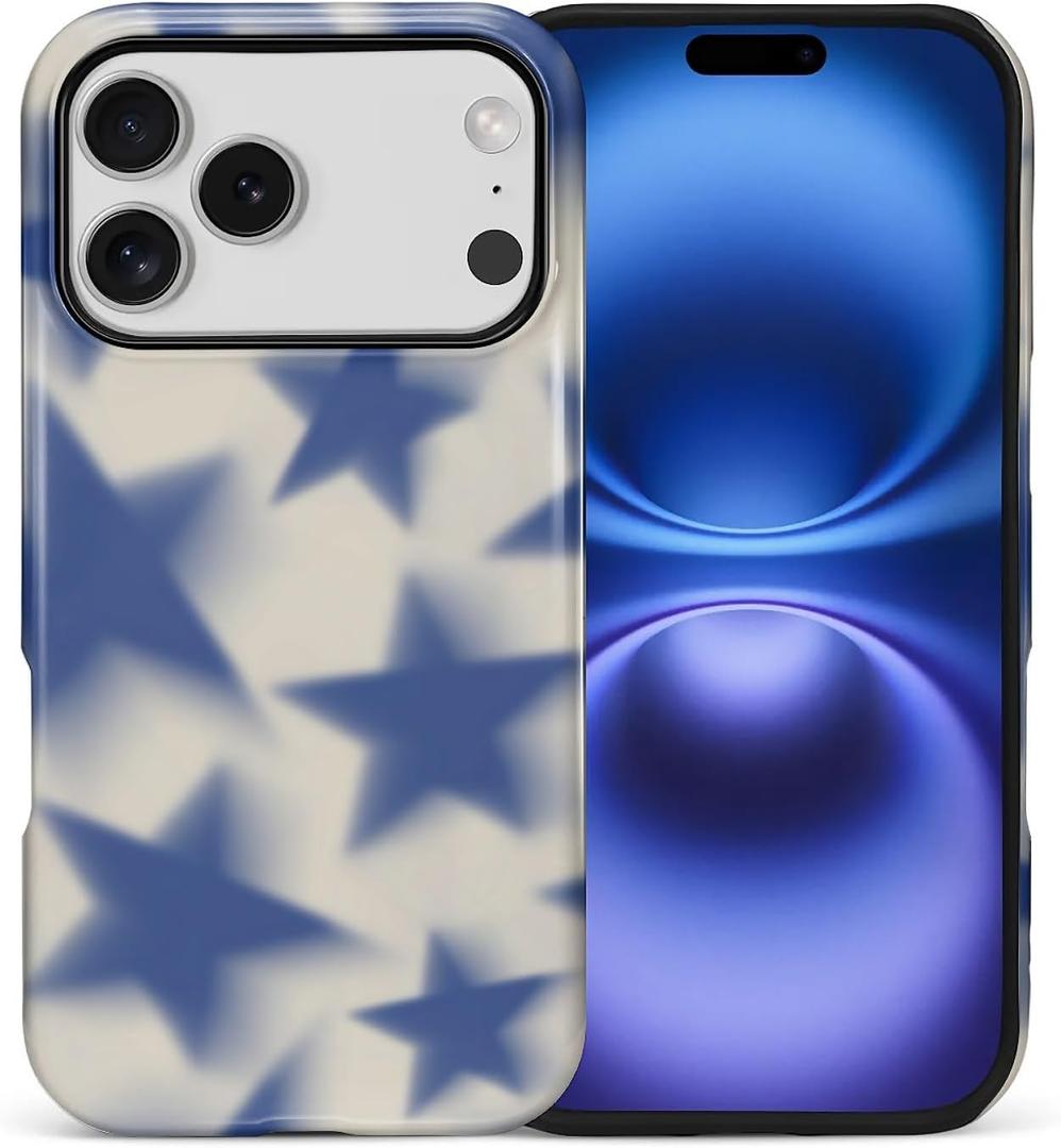 For iPhone 17 Pro Case, Retro Blue Stars Hybrid 2 Layer Hard Shell Silicone Protective Pattern Design Case