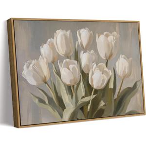 MTFBWY Framed White Tulip Wall Art Vintage Botanical Canvas Picture, Farmhouse Floral Print, Rustic Still Life Decor for Kitchen, Bedroom, Bathroom 16L x 12W