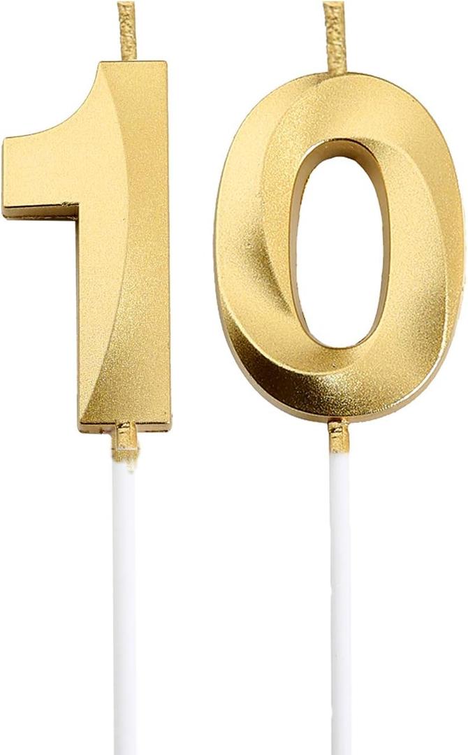 10th Birthday Candles,Gold Number 10 Cake Topper for Birthday Decorations Party Decoration