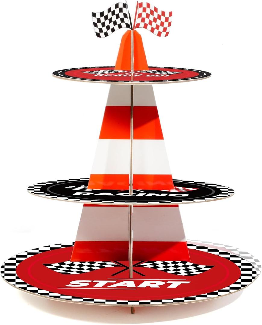 3-Tier Racing Traffic Cones Cupcake Stand for Race Car Birthday Party Decorations,Race Car Party Supplies, Paper Rounded Table Centerpiece for Cakes, Muffins, Macaroons