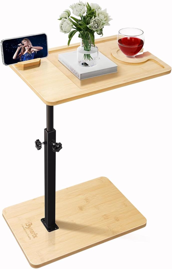 TV Tray Table, C Shaped End Table Adjustable Height Sofa End Side Table Bamboo Rounded Corner for Laptop TV Tray Snack Sofa Living Room Bedroom, Wood