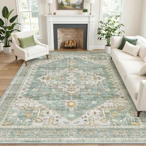 Area Rugs for Living Room - 6x9, Boho Non-Slip Low Pile Carpet Machine Washable Rugs for Bedroom, Farmhouse, Office, Dining Room (Green)