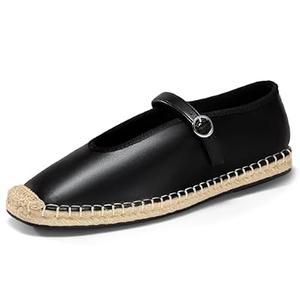Coutgo Womens Espadrilles Mary Jane Flats Closed Sqaure Toe Ballet Flats Comfortable Dress Shoes, Black/ PU, Size 7