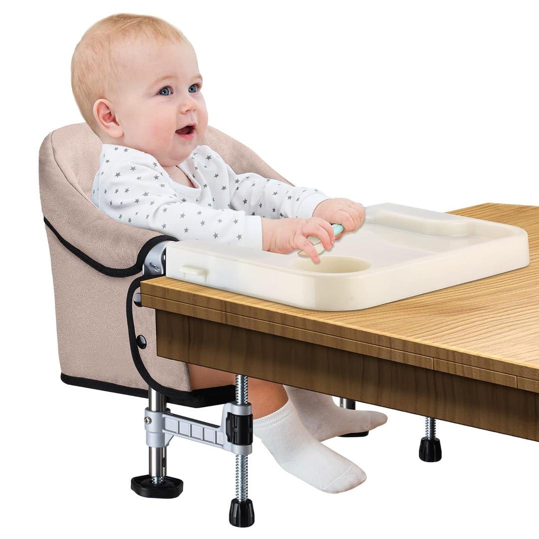 Hook on Chair with Removable Dining Tray, Portable Clip on High Chair Use at Most Tables, Table Attached high Chair with Carry Bag, Fast Table Chair Travel Feeding Seat for Baby & Toddlers (Brown) (Brown with Tray)