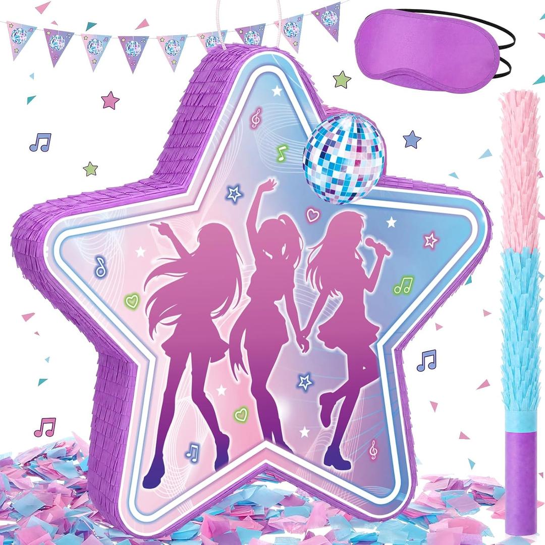 Blueweenly 16'' Large Kpop Piñata Kpop Party Decorations Disco Party Star Piñata with Stick Blindfold Confetti Music Movie Theme Parties Supply Photo Prop