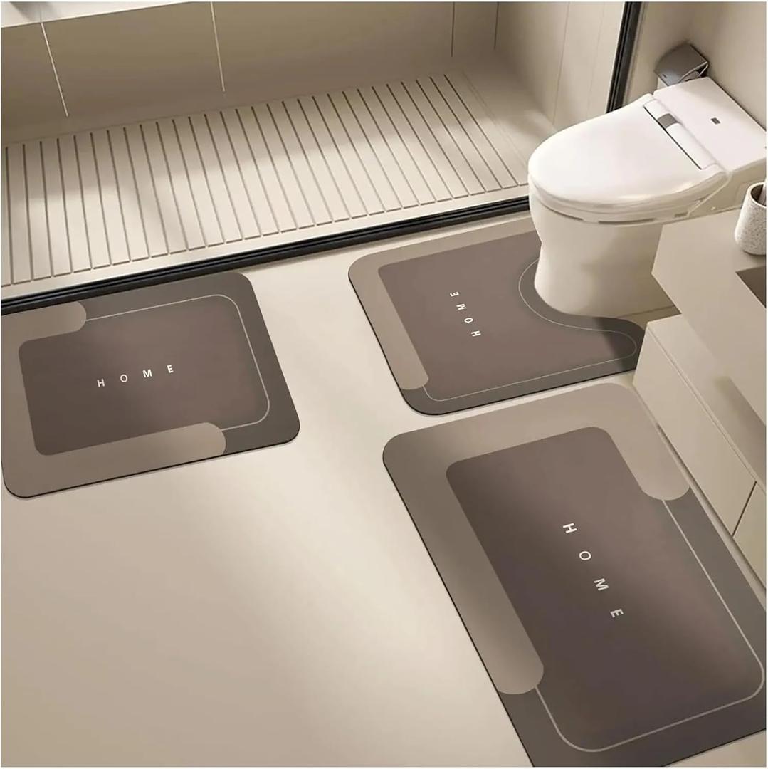 Simple Style Silicon Dendroid Bathroom Mat U-Shaped Toilet Absorbent Quick Dry Foot Pad Bathroom Floor Mat Three-Piece Set(Brown) (0" x 0" (Flower)