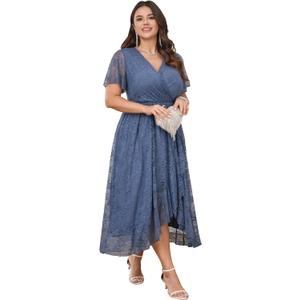 SCOMCHIC Womens Plus Size Wedding Guest Dress Formal Lace Wrap V Neck High Low Short Sleeve Cocktail Maxi Dresses -4XL (Grey Blue)