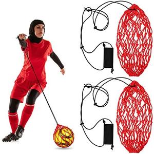 2 Pcs Handle Solo Soccer Kick Trainer Ball Bungee Elastic Training Juggling Net Soccer Kick Net Training Equipment Accessories and Gear for Kids Adults (fits Ball Size 3, 4, 5) (Red)