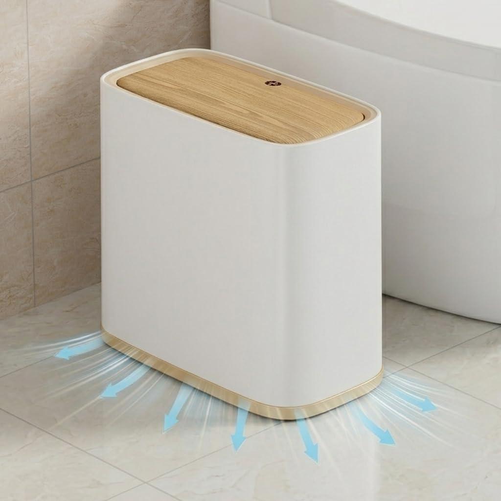 Bathroom Trash Can, 2.1 Gallon Small Slim Garbage Can with Lid and Wheels, Air-Press Bag Expander & Inner Bucket, White Plastic Waste Basket Dog Proof for Kitchen, Office, Bedroom, Garbage Trash Bin