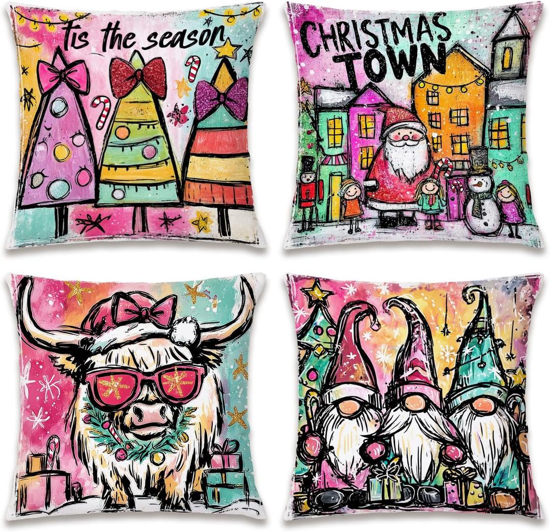 Preppy Retro Pink Christmas Pillow Covers 18x18 Set of 4, Kids Room Christmas Decor, Funny Xmas Tree Town Highland Cow Gnome Decorative Throw Pillow Covers Pillowcases for Home Kids Bedroom