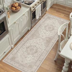 PureCozy Beige Area Rug 2x4 Washable Vintage Carpet Entryway Kitchen Soft Retro Low Pile Thin Door Mat Non Slip Oriental Medallion Throw Small Rug for Bathroom Office Bedroom Dining Room 2' x 4' (Runner), Beige