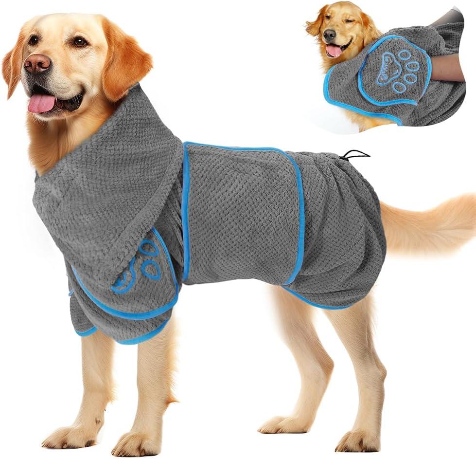 SlowTon Dog Bathrobe Drying Coat – Super Absorbent Microfiber Towel Wrap with Adjustable Collar & Belly Strap, Fast Drying Bath Robe for After Bath Swim, for Small Dogs (Grey XS)