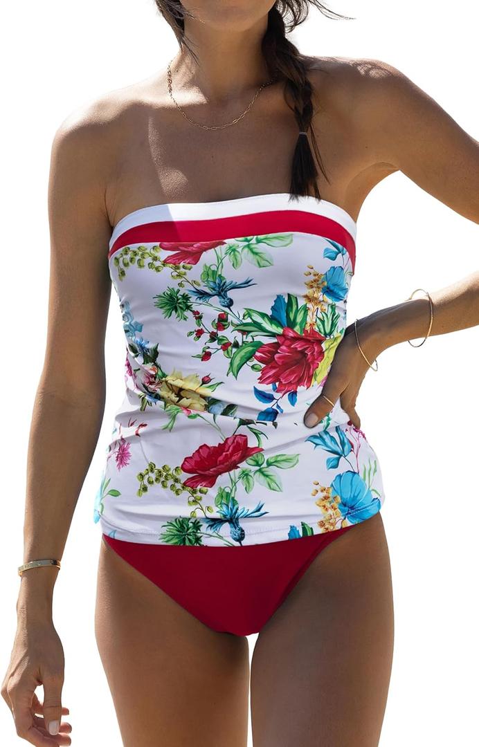 Beachsissi Bandeau Swimsuits for Women Strapless Swimwear Bathing Suits Tummy Control Color Block Tankini Sets (X-Large, White)