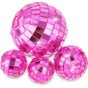 Grevosea 4 Pcs Disco Ball Cake Topper, Mini Disco Balls Birthday Cake Topper for Last Disco Bachelorette Party, Space Cowboy Birthday Party Supplies, 70s Bday Cake Decoration 3 Sizes(Pink)