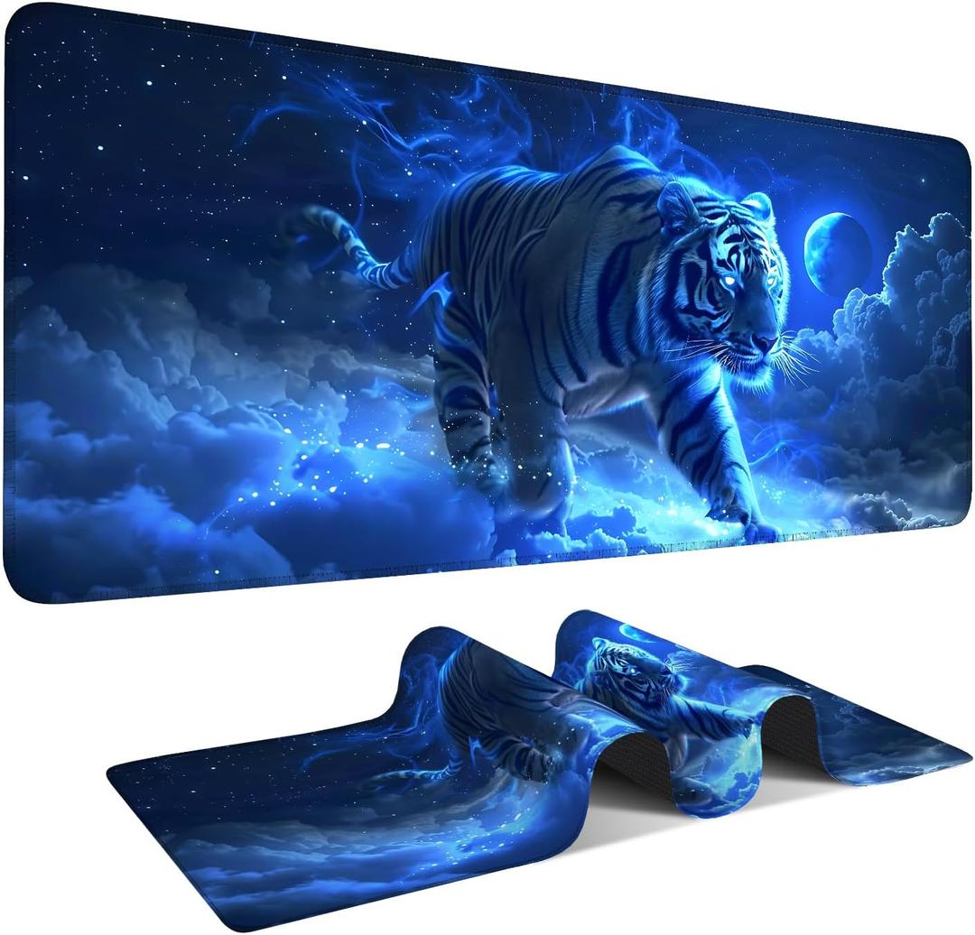 Blue Tiger in Moonlight Gaming Mouse Pad, Desk Mat for Desktop, Women PU Leather Waterproof Computer Laptop Desk Accessories Protector Writing Pads for School Office Home, 35.43 x 15.75 in (11)