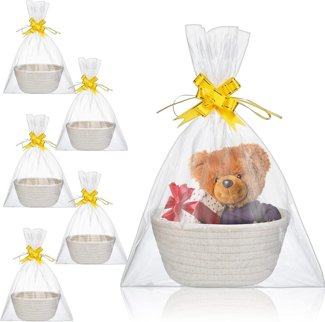 Tatuo 6 Pack Small Woven Basket with Gift Bags and Ribbons Empty Gift Baskets Cotton Rope Storage for Mothers Day Birthday Nursery Wedding Graduation Gifts(7.5 x 6.9 x 2.9 Inches)