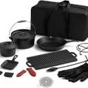 Geetery 15 Pcs Pre-seasoned Cast Iron Cookware Set, Dutch Oven Camping Accessories Kit with Skillet, Pan, Pot, Gloves, Lid Lifter, Storage Bag, Scrubber for Kitchen Ourdoor Campfire Grill BBQ Cookware
