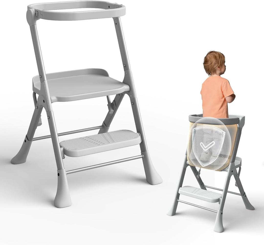 Toddler Tower, Toddler Kitchen Stool Helper with Anti-Tipping Structure and Safety Net, More Secure and Stable, Ideal for Toddlers 18 Months to 4 Years Old, Gray