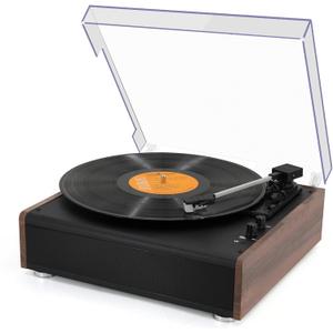 Vinyl Record Player Bluetooth Wireless Turntable with Built-in Speakers and 3 Speed Belt-Driven Vintage Phonograph Record Player with Magnetic Cartridge, RCA Out, Aux in, Headphone Jack (Brown)