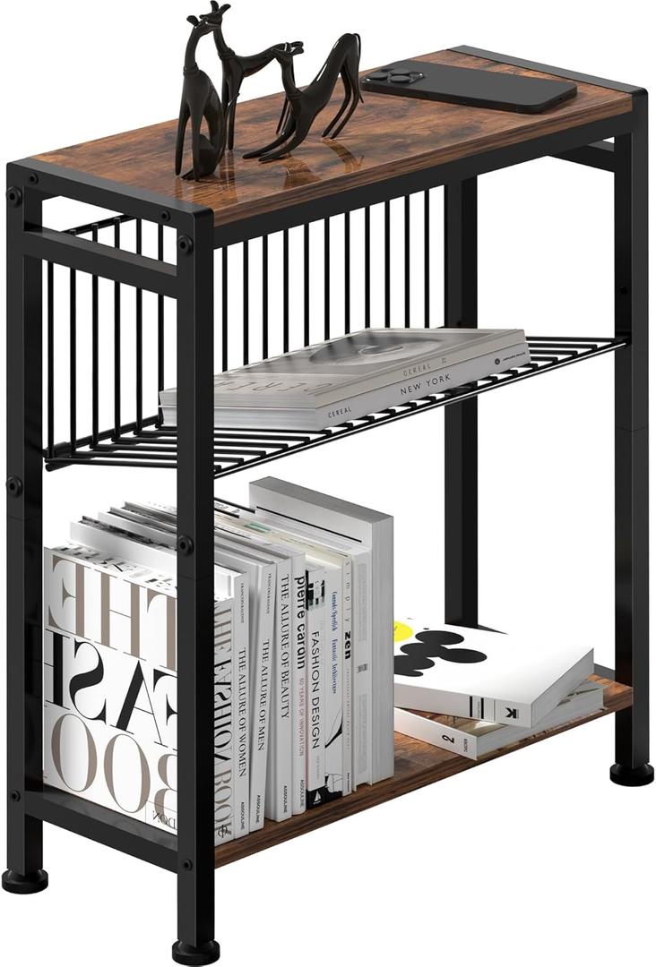 Side Table for Small Spaces, Narrow End Table with Magazine Holder, 2 in 1 Design Slim Side Table, Skinny Nightstand for Living Room Bedroom, Thin Side Magazine Table, Rustic Brown