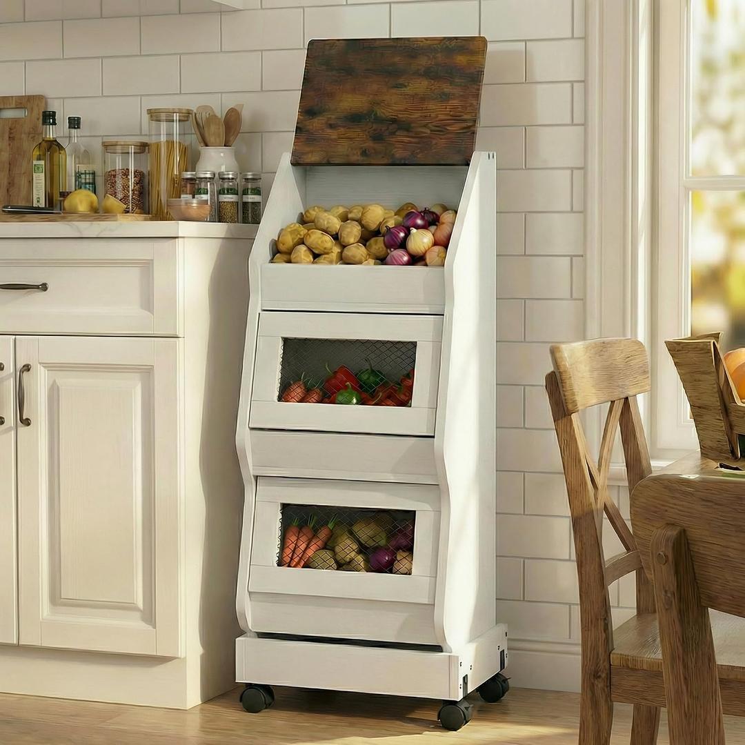 ARTETHYS Potato and Onion Storage Bin on Wheels, White | Ventilation Mesh Drawers, Produce Organizer with Grocery Section, Vegetable & fruit Container Cabinet for Kitchen, Pantry
