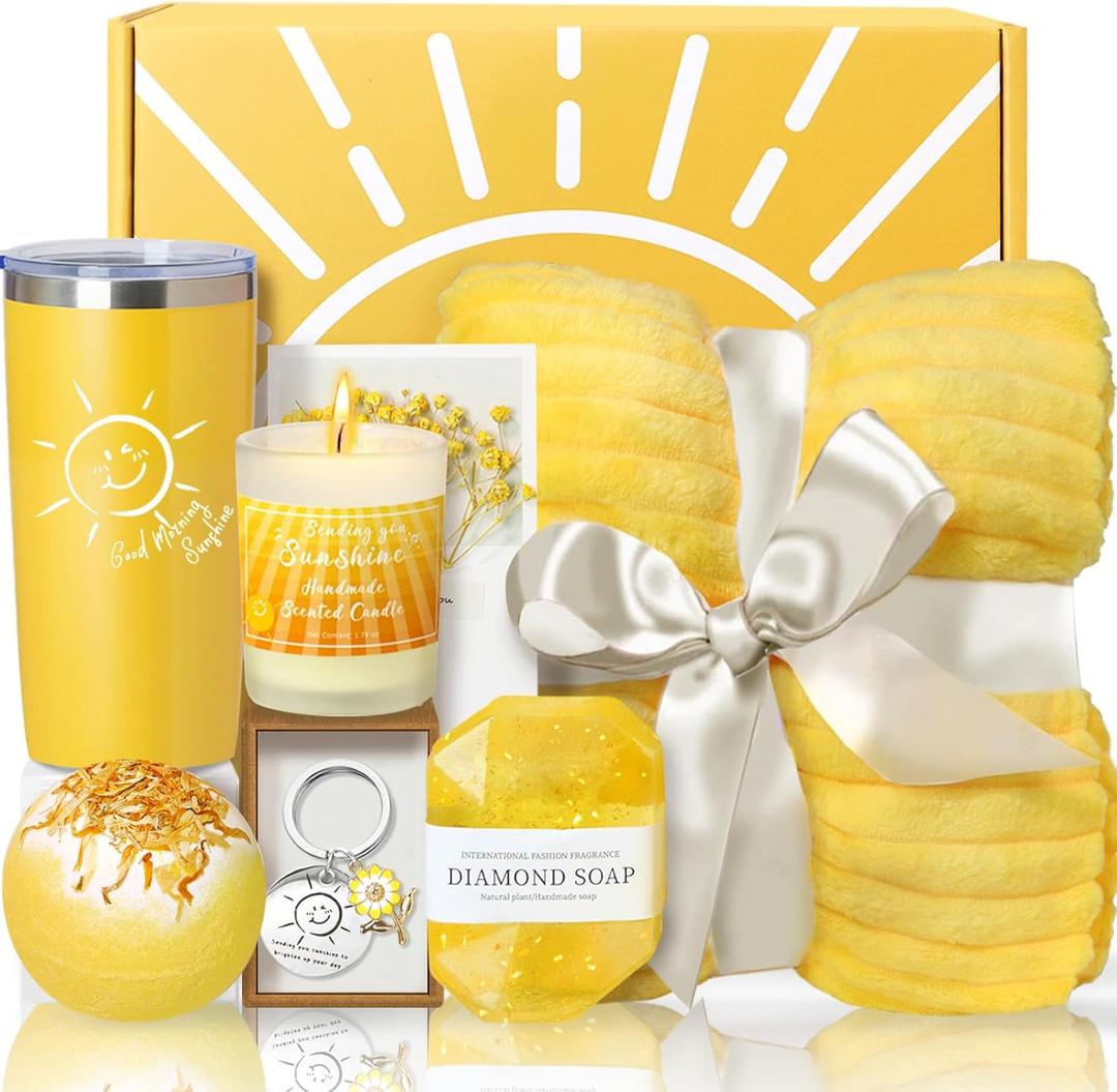 Noerrors Birthday Gifts for Women, Sending Sunshine Gifts Baskets for Best Friend, Unique Spa Birthday Gifts Box with Blanket for Her Sister Friendship BRIGHTEN HER DAY! (Yellow)