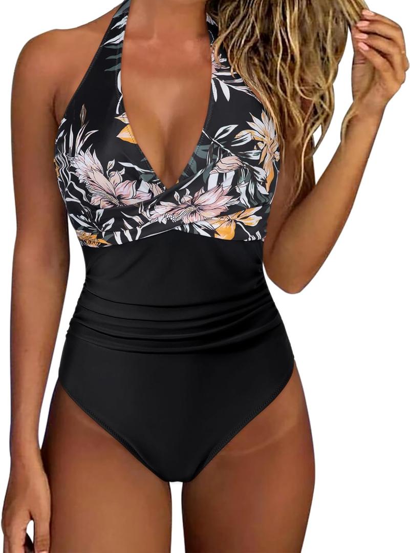 SUUKSESS Women Sexy Tummy Control One Piece Swimsuits Halter Push Up Bathing Suits (#1 Retro Floral Black, XL)