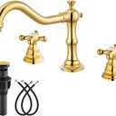 gotonovo Bathroom Faucet 3 Hole 8 Inch Widespread Bathroom Sink Faucet 2 Cross Handles Vintage Lavatory Vanity Mixer Tap with Pop Up Drain, HOT Cold Label, Polish Gold