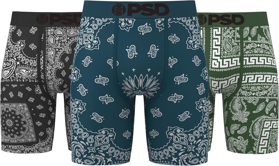 PSD Underwear Mens Boxer Briefs - Bandana Mix 3 Pack, 7 Inch Inseam, Moisture-Wicking, 4-Way Stretch, Boxer Briefs for Men, Size S